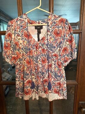 Rain‎ Navy Multi Floral Tassel Tie Puff Sleeve Blouse OR5844 Small NEW